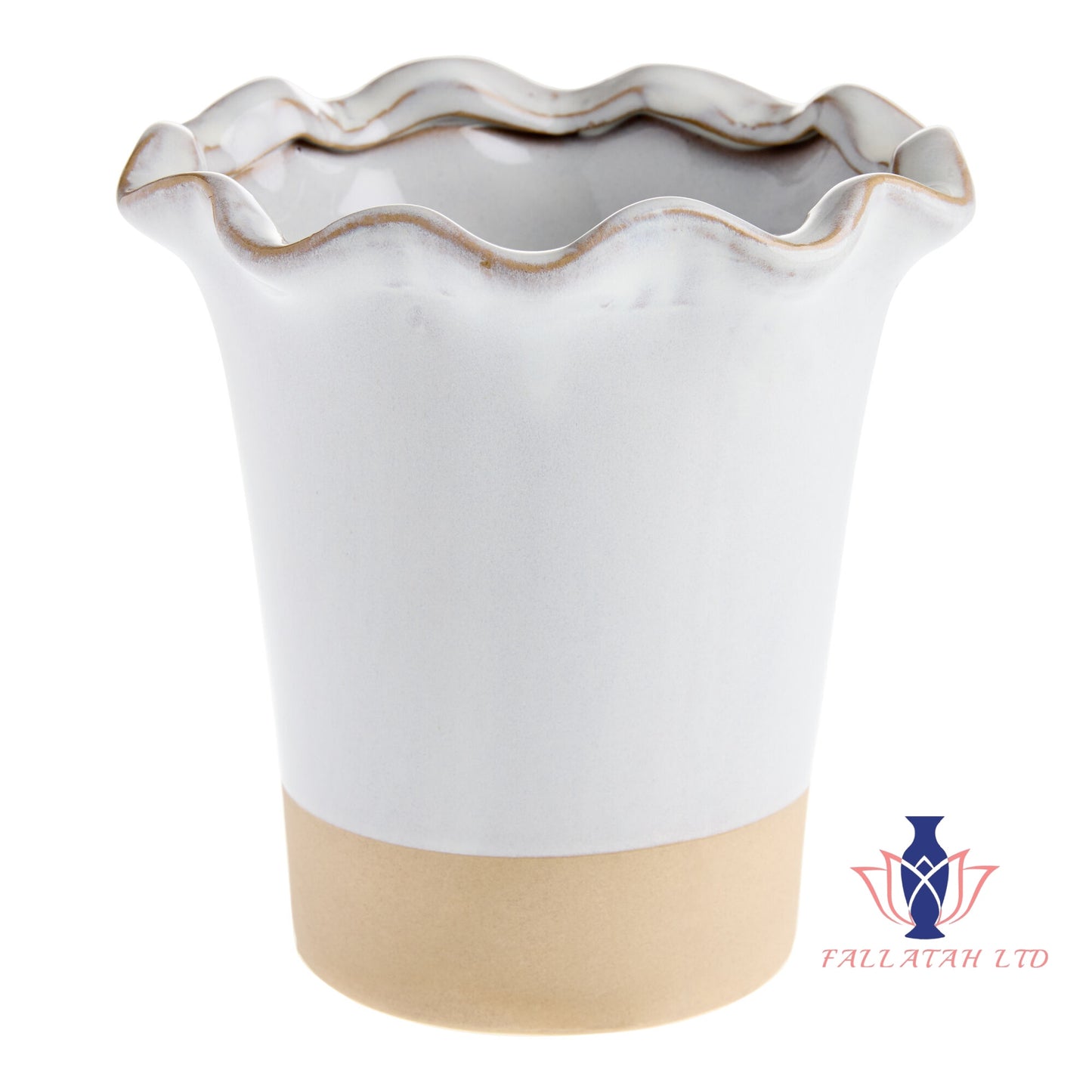 White and Tan Ceramic Ruffle Vase