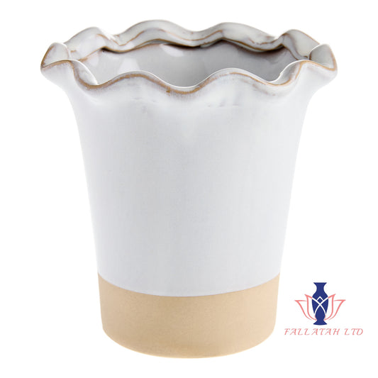 White and Tan Ceramic Ruffle Vase